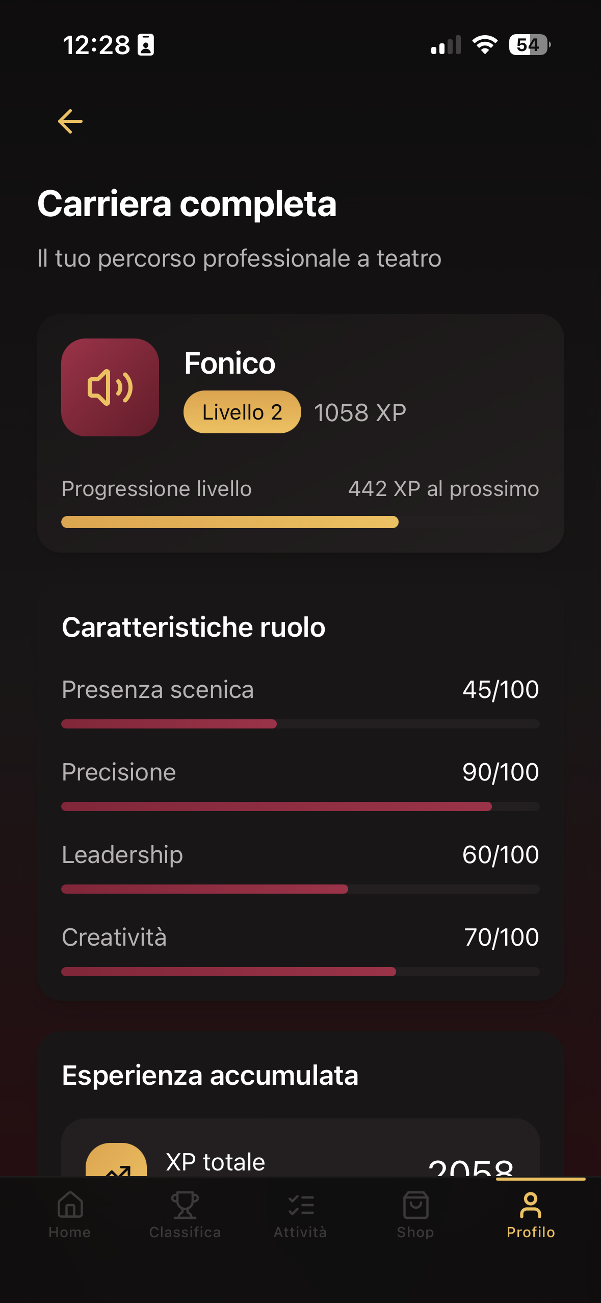 Schermata carriera con statistiche, reputazione e avanzamento